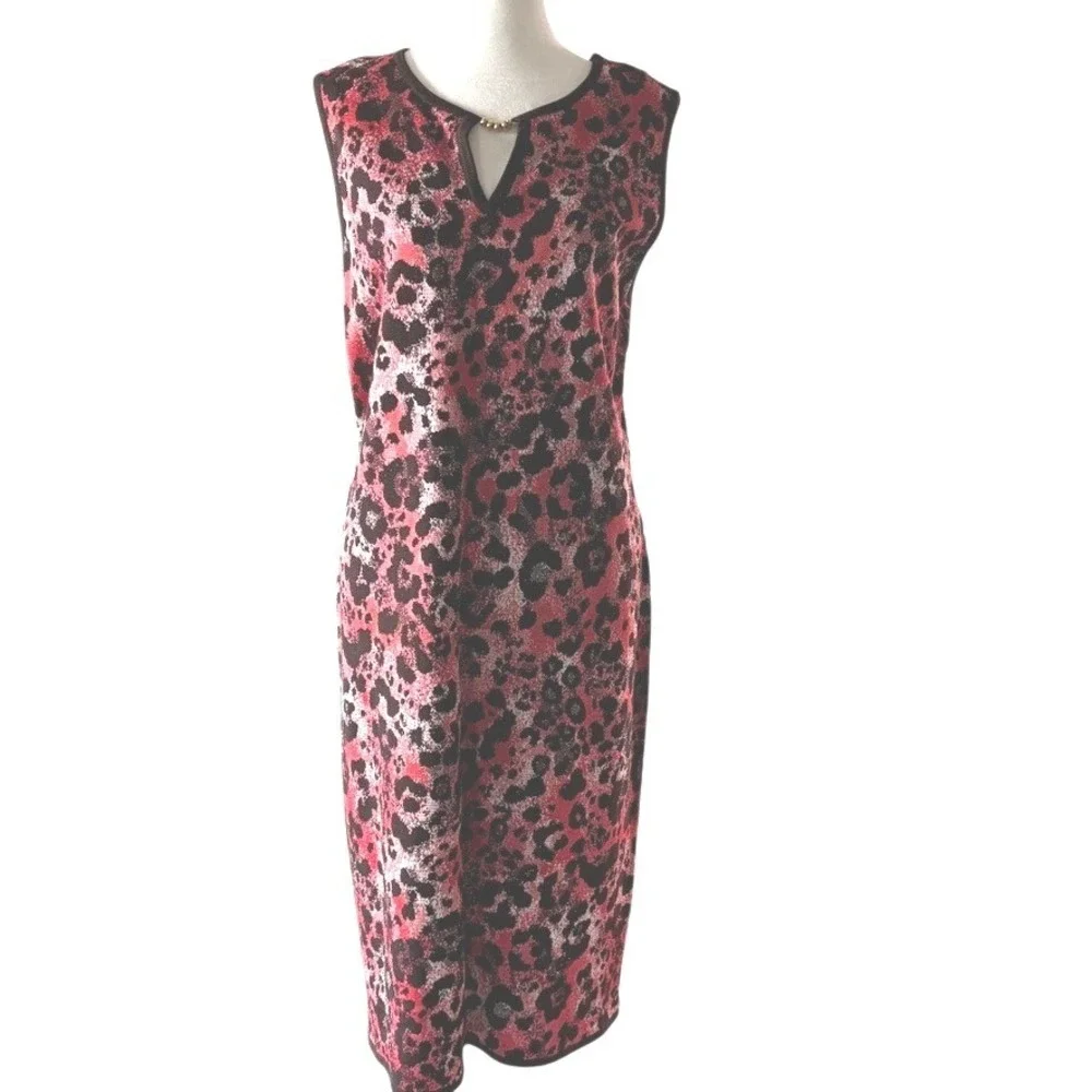 St‎ John Sport Knit Dress Size 14 Multi Leopard Print Knit VNeck Gold Detail NWT